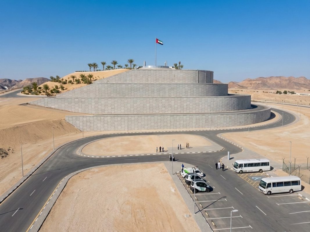 Pyramid precast structure with UAE flag at Yassat Island