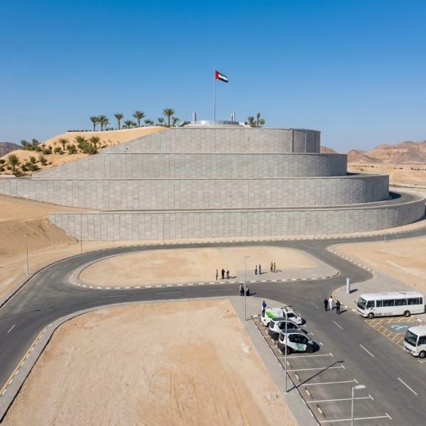 Pyramid precast structure with UAE flag at Yassat Island